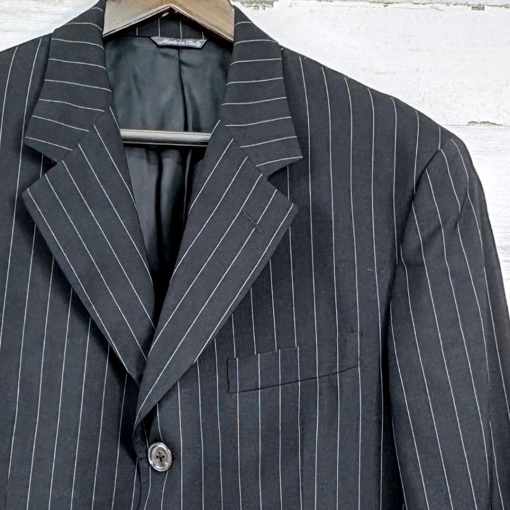 Tombolini Pinstripe Blazer Mens 52 Black Wool 3‎ Button Made in Italy Old Money